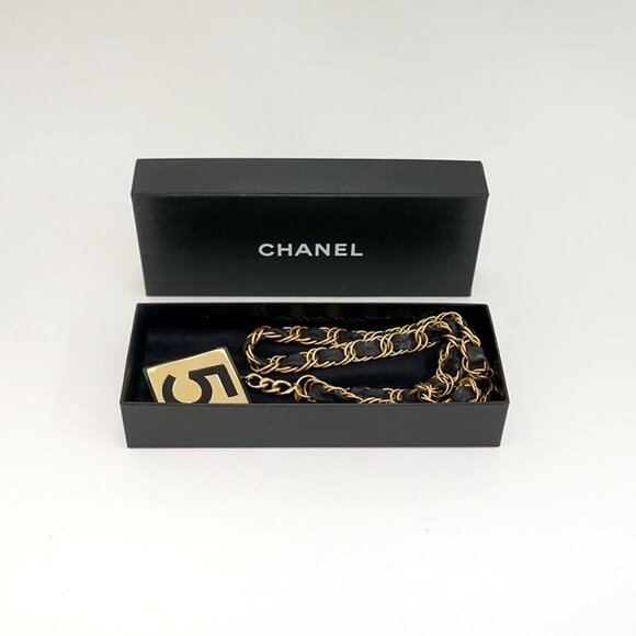 CHANEL No.5 Square Leather Necklace 39" Gold Tone 26 Auth w/BOX v1377 - Picture 6 of 6